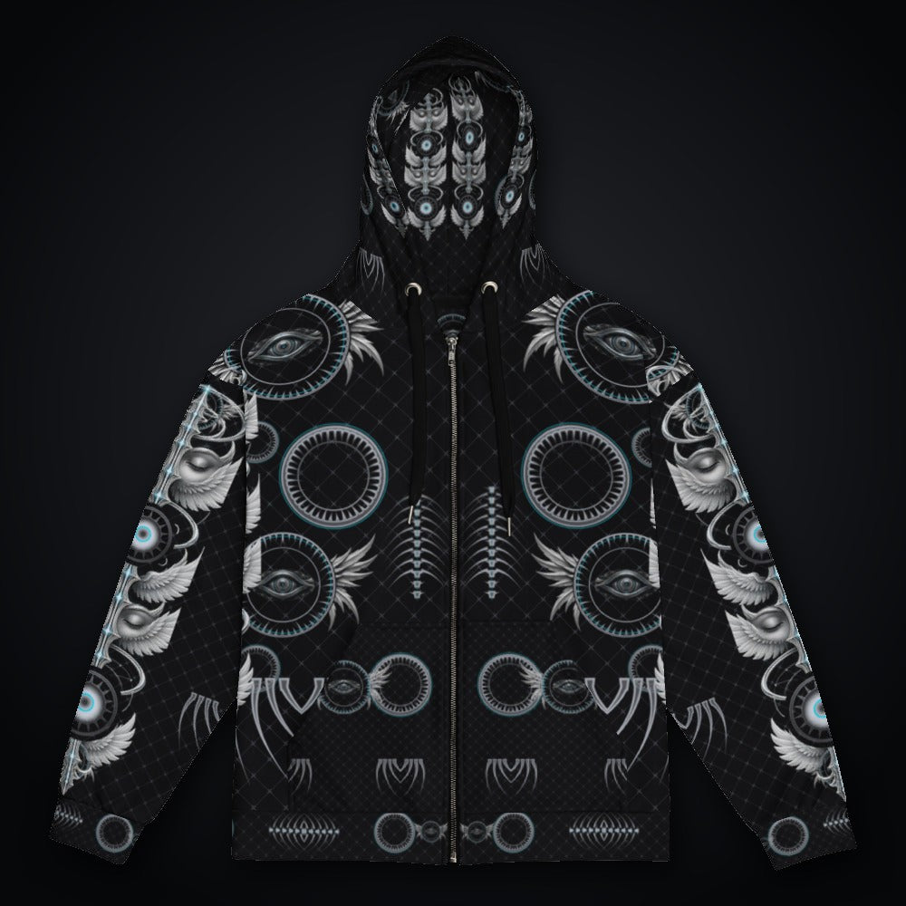 Shard Crown Gothic Rave Zip Hoodie: black rave zip hoodie with chrome winged eye design with ice-cyan accents