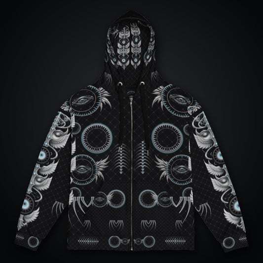 Shard Crown Gothic Rave Zip Hoodie: black rave zip hoodie with chrome winged eye design with ice-cyan accents