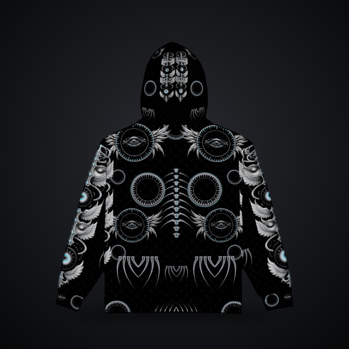 Shard Crown Gothic Rave Zip Hoodie: black rave zip hoodie with chrome winged eye design with ice-cyan accents, back view