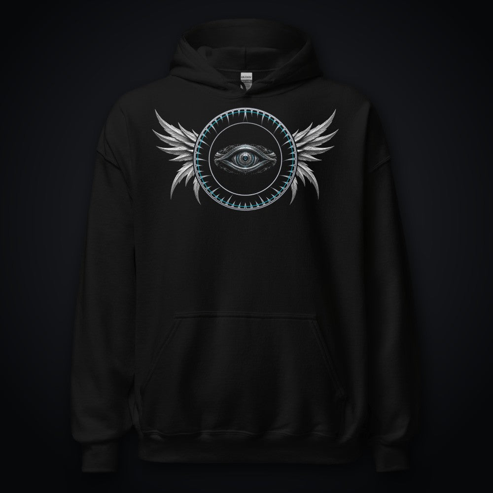 Shard Crown True Black Hoodie: black rave hoodie with chrome winged eye emblem with ice-cyan ring on the chest