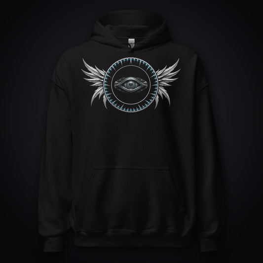 Shard Crown True Black Hoodie: black rave hoodie with chrome winged eye emblem with ice-cyan ring on the chest