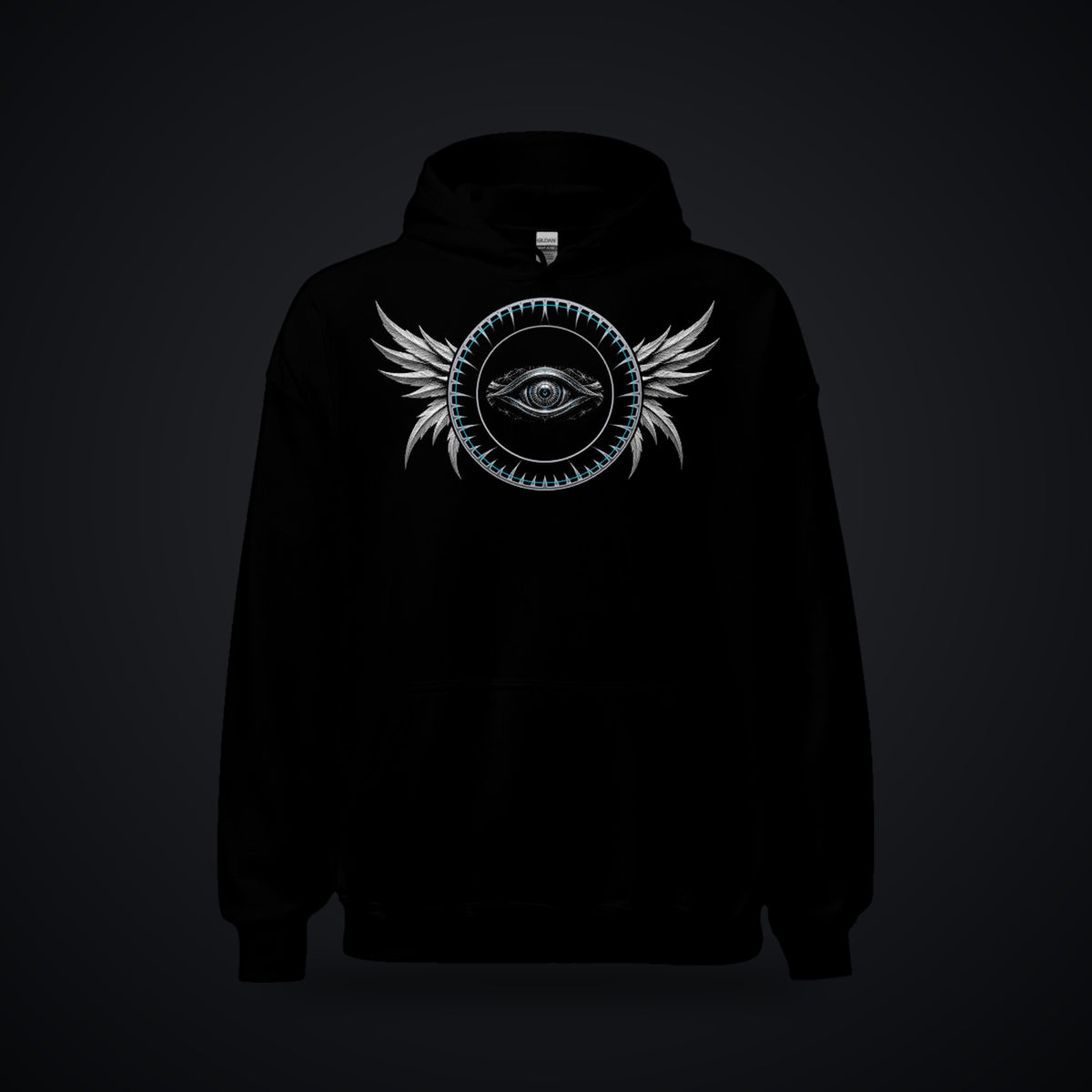 Shard Crown True Black Hoodie: black rave hoodie with chrome winged eye emblem with ice-cyan ring, front view