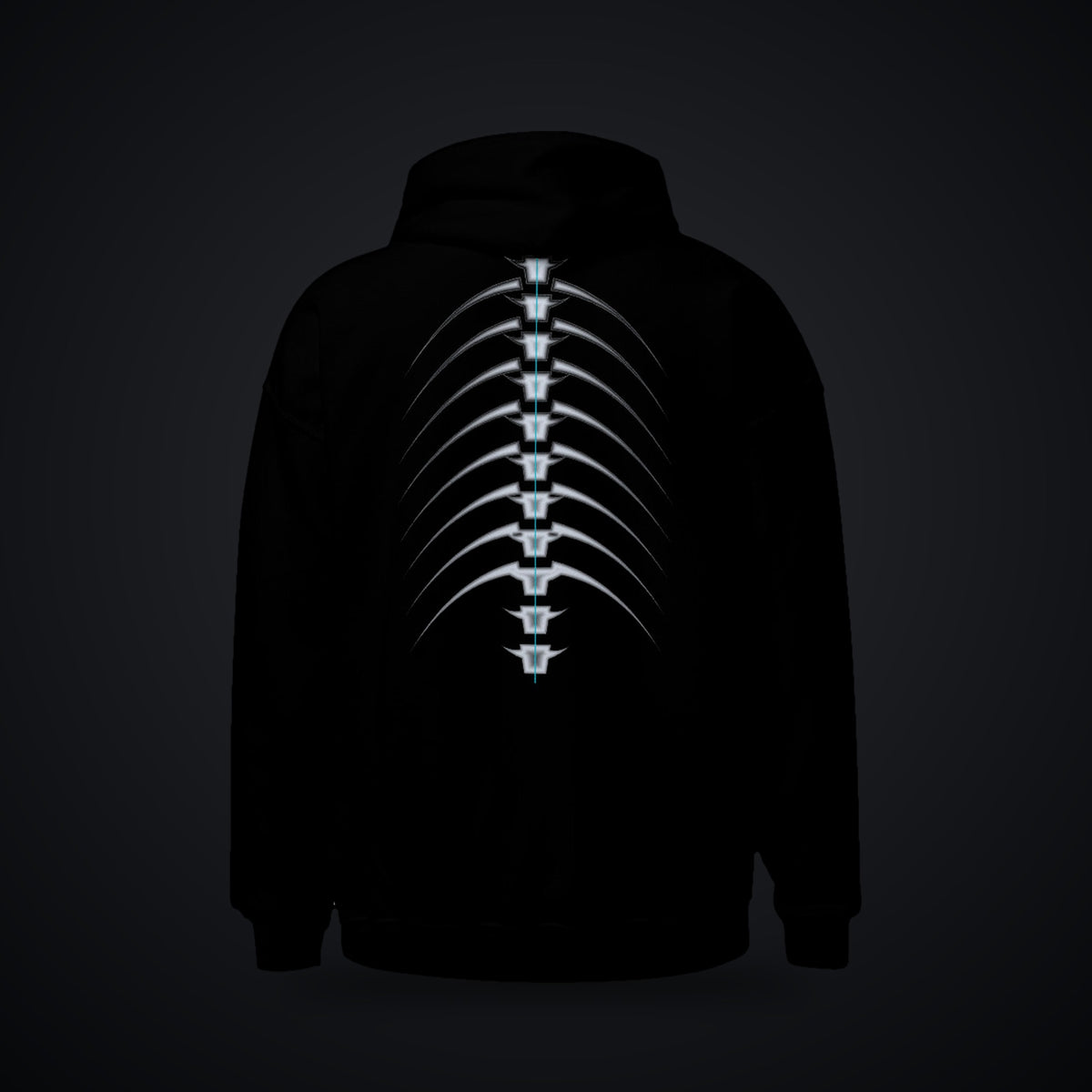 Shard Crown True Black Hoodie: black rave hoodie with silver and ice-cyan vertebra spine design, back view