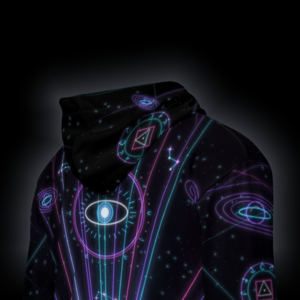 Sunrise Zip Hoodie, Laser Cathedral design, hood close-up