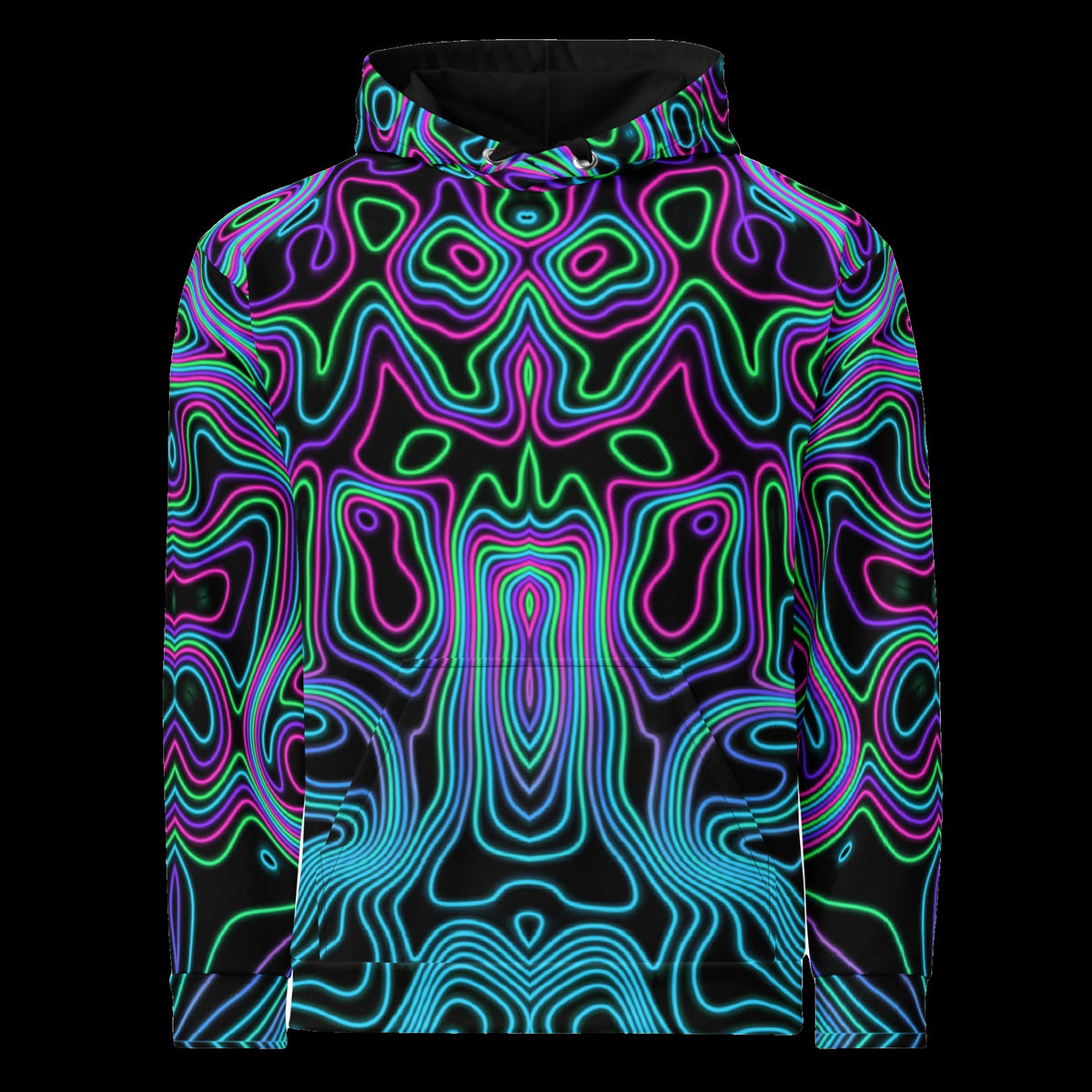 Synthwave Horizon Hoodie: black rave hoodie with neon pink, cyan and green contour line design, front view