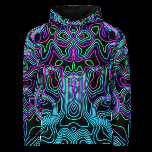 Synthwave Horizon Hoodie: black rave hoodie with neon pink, cyan and green contour line design, front view