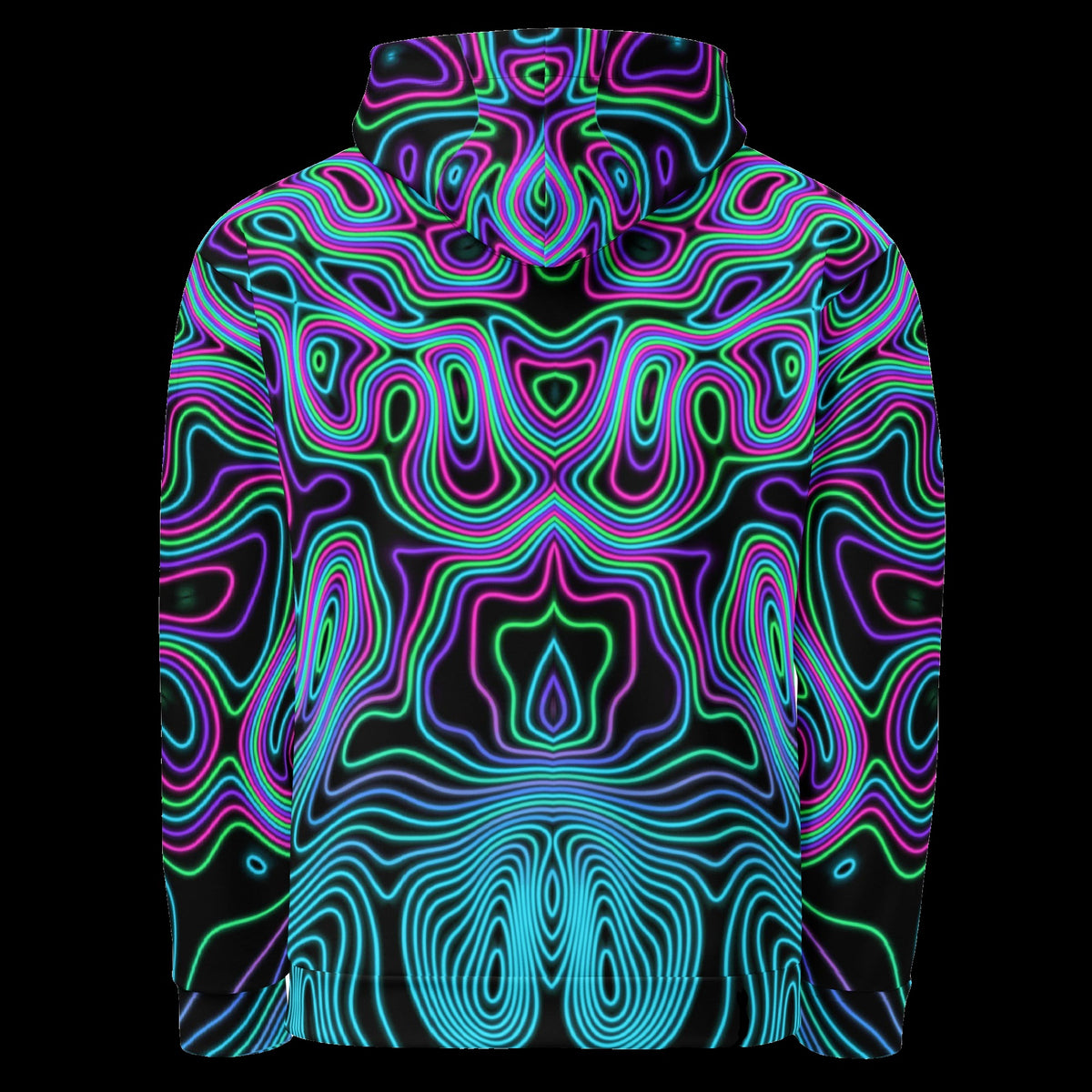 Synthwave Horizon Hoodie: black rave hoodie with neon pink, cyan and green contour line design, back view