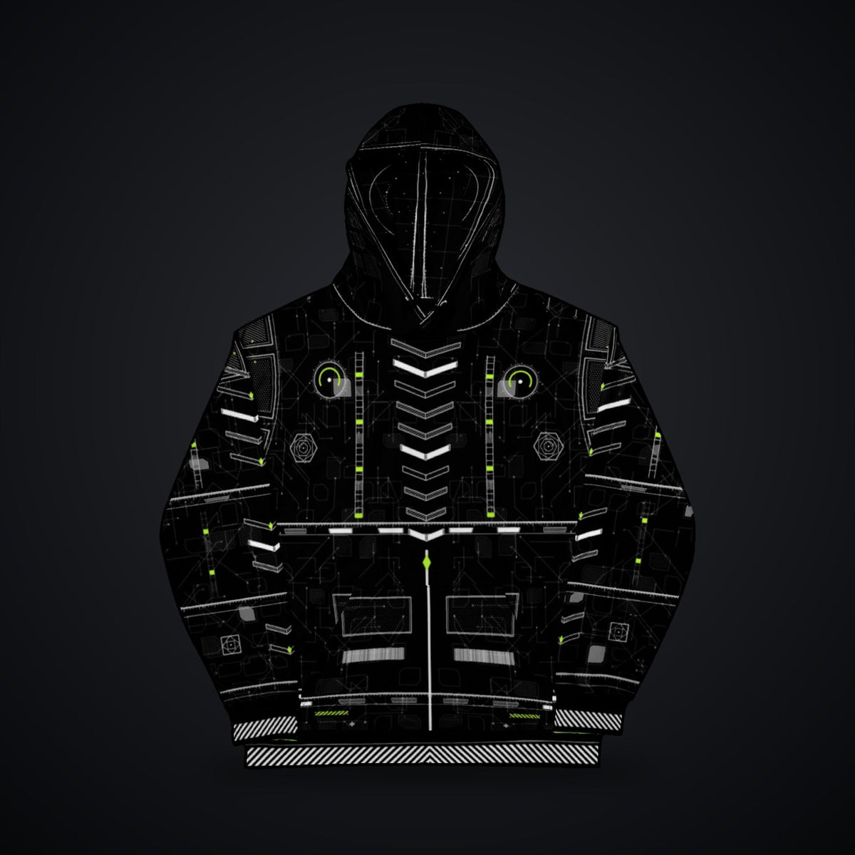 Vector Spine Hoodie: black rave hoodie with white chevron spine and neon green circuit design, front view
