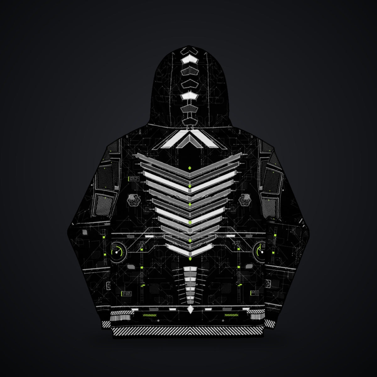 Vector Spine Hoodie: black rave hoodie with white chevron spine and neon green circuit design, back view