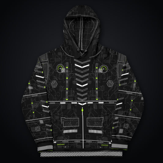 Vector Spine Hoodie: black rave hoodie with white chevron spine and neon green circuit design, front view