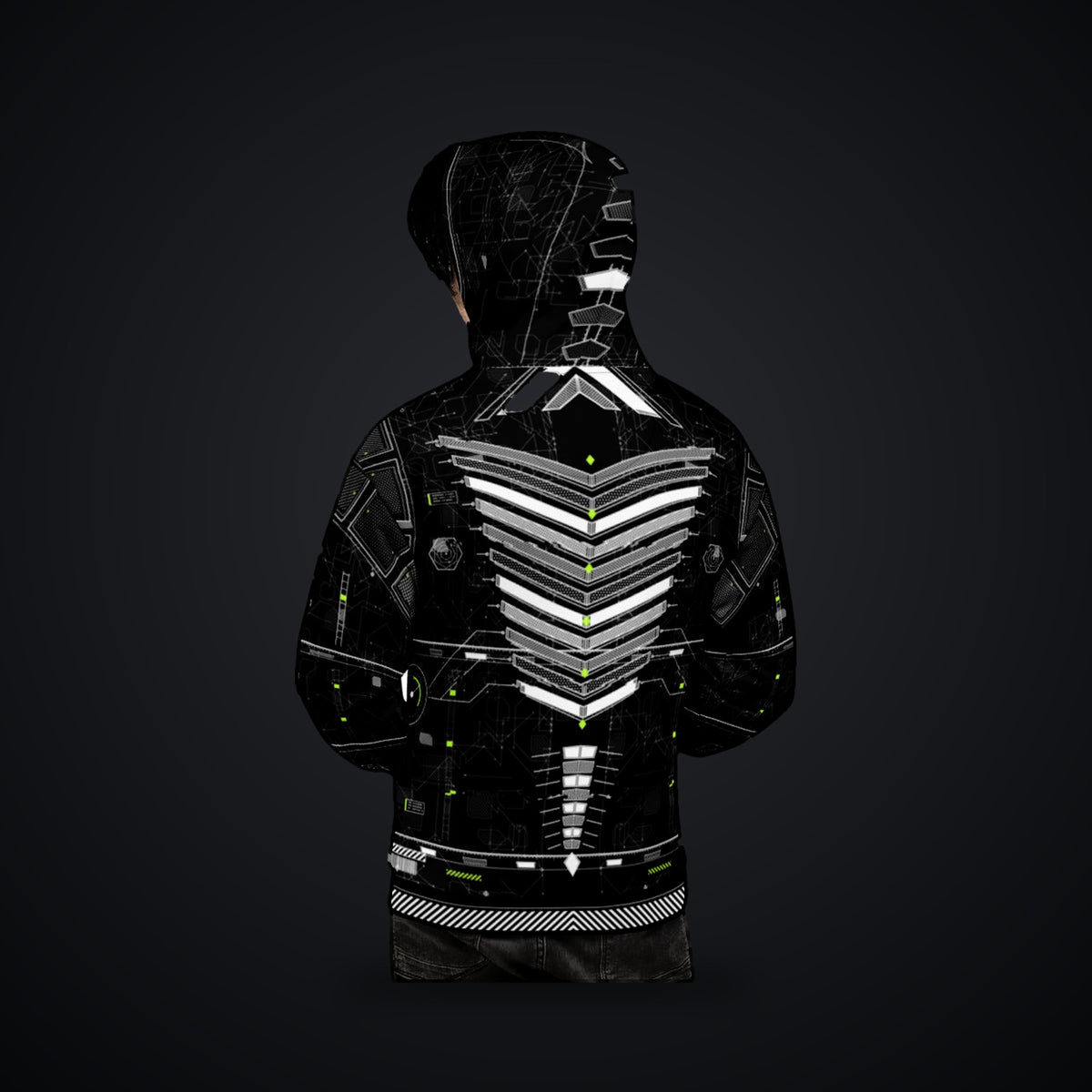 Vector Spine Hoodie: black rave hoodie with white chevron spine and neon green circuit design, back view on model