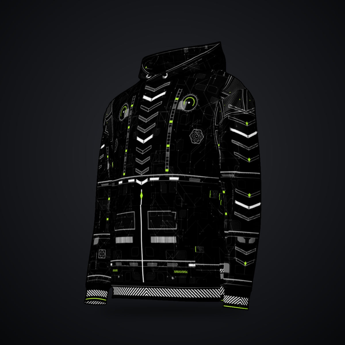 Vector Spine Hoodie: black rave hoodie with white chevron spine and neon green circuit design, left front view