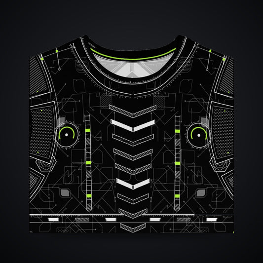 Vector Spine Long Sleeve: black rave long sleeve shirt with white chevron spine and neon green circuit design, chest and collar detail view