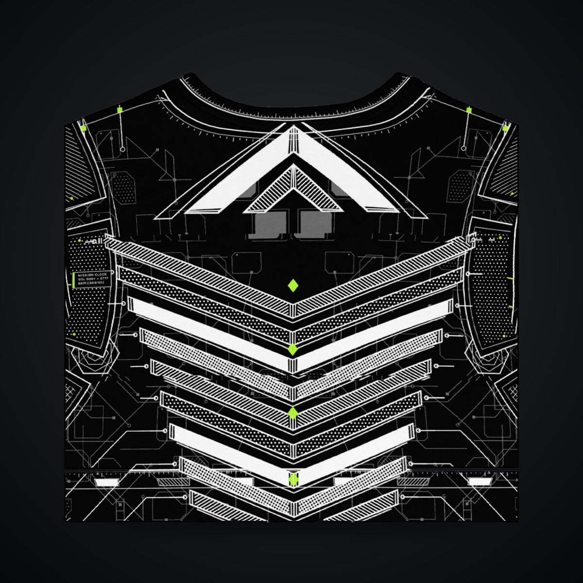 Vector Spine Long Sleeve: black rave long sleeve shirt with white chevron spine and neon green circuit design, back detail view