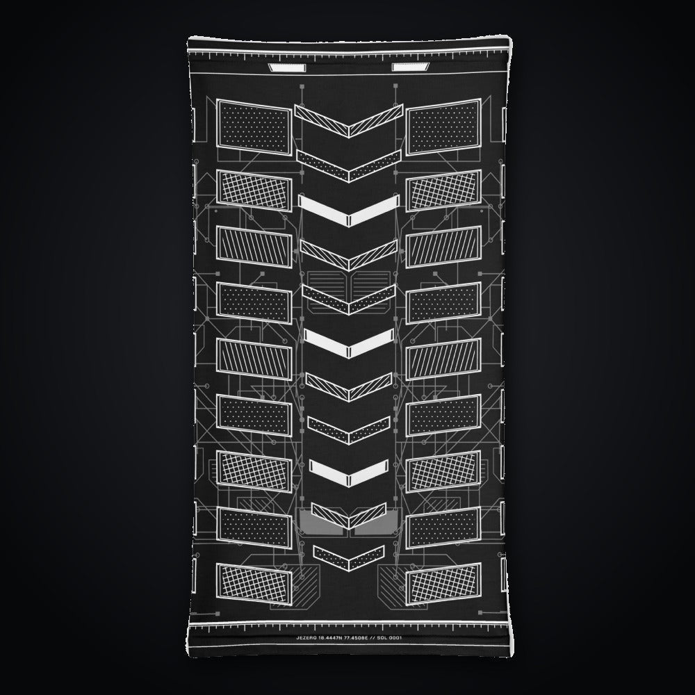 Vector Spine Neck Gaiter: black rave neck gaiter with white chevron spine and neon green circuit design