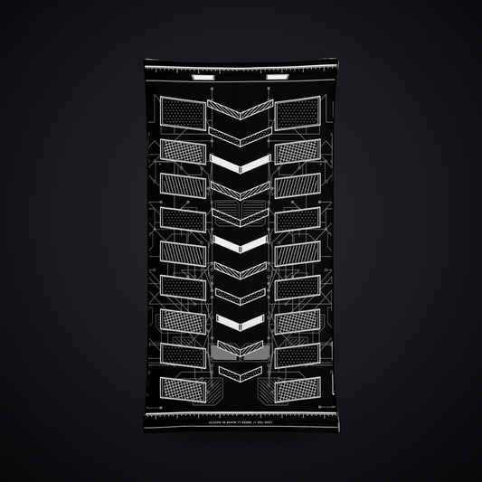 Vector Spine Neck Gaiter: black rave neck gaiter with white chevron spine and neon green circuit design, front view