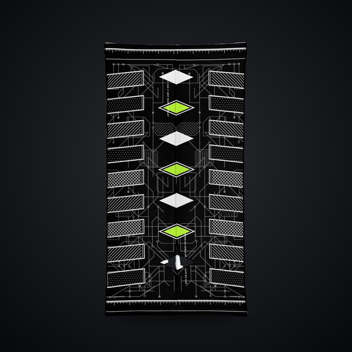 Vector Spine Neck Gaiter: black rave neck gaiter with white chevron spine and neon green circuit design, back view