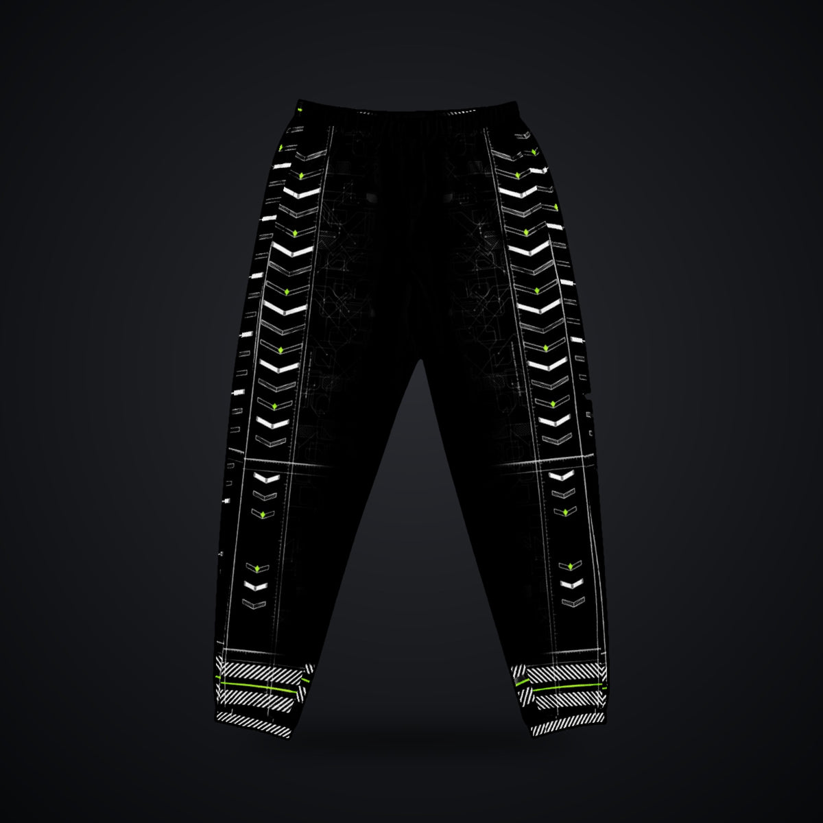 Vector Spine Track Pants: black rave track pants with white chevron spine and neon green circuit design, front view