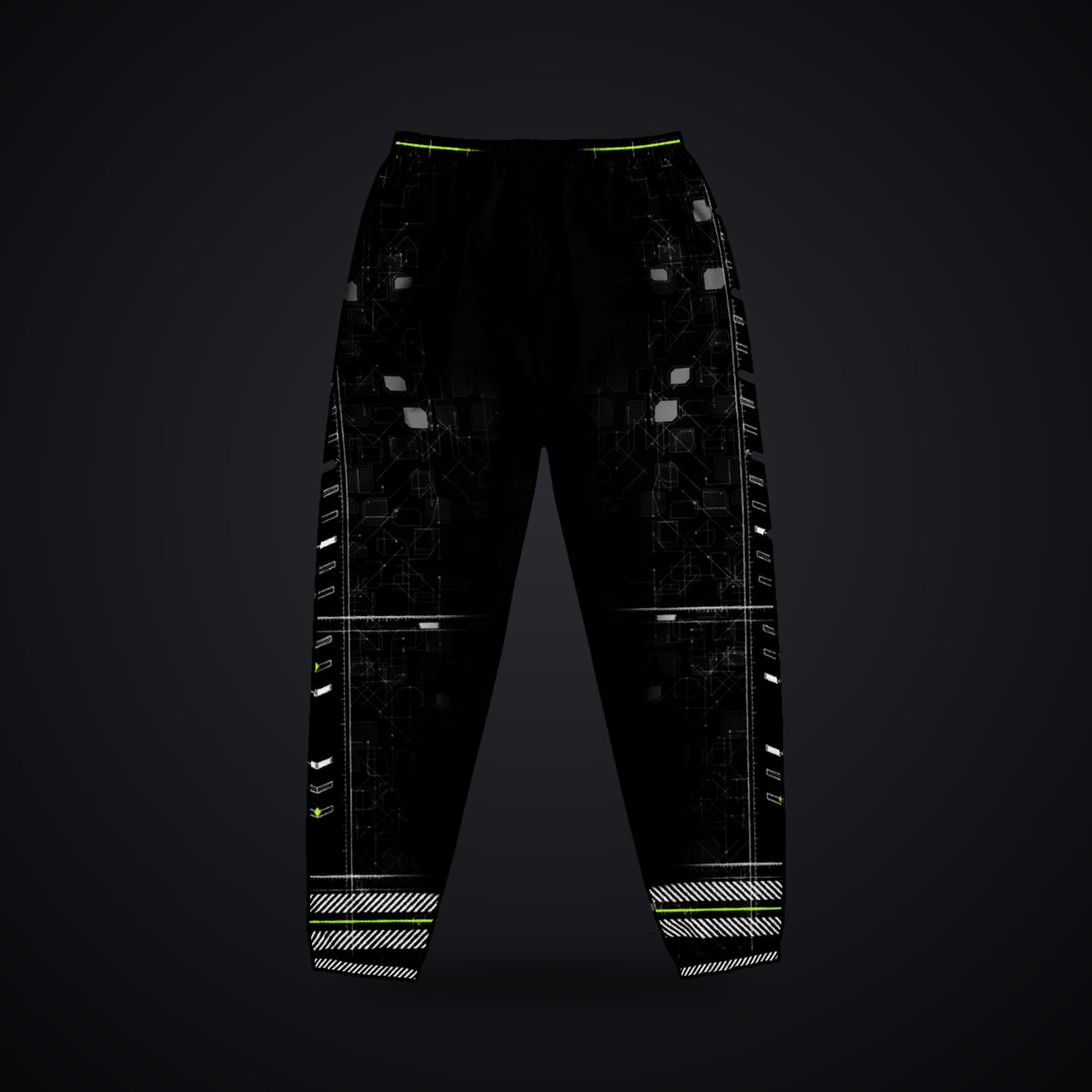 Vector Spine Track Pants: black rave track pants with white chevron spine and neon green circuit design, back view