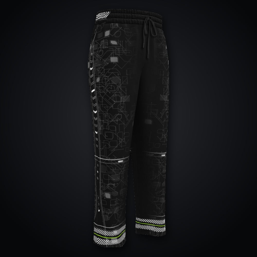 Vector Spine Wide-Leg Joggers: black wide-leg rave joggers with white chevron spine and neon green circuit design