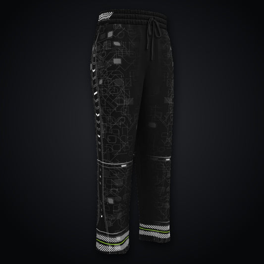 Vector Spine Wide-Leg Joggers: black wide-leg rave joggers with white chevron spine and neon green circuit design