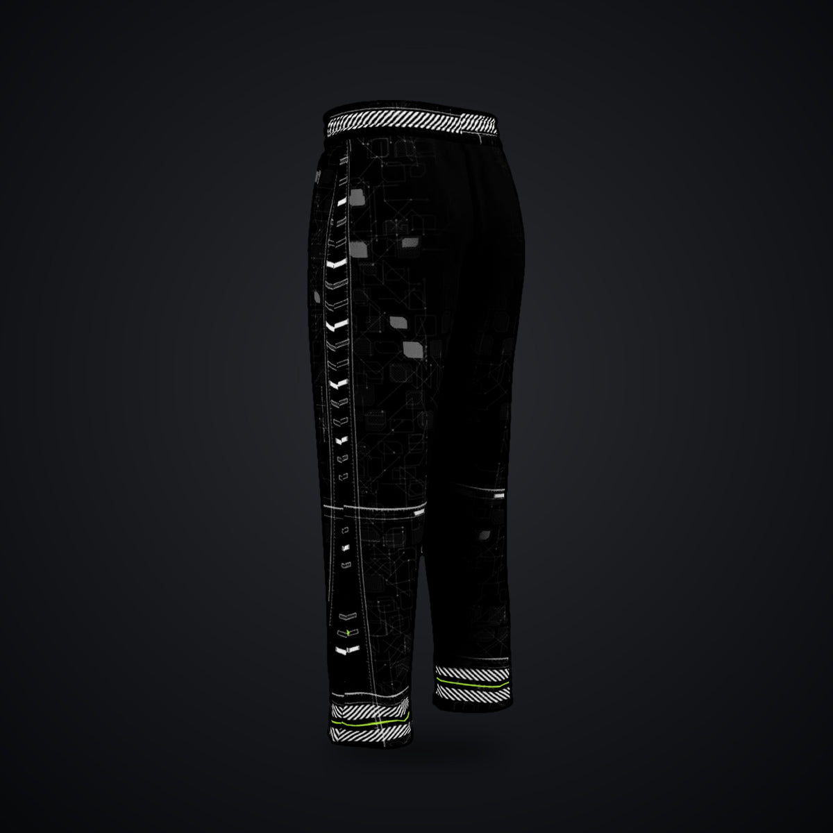 Vector Spine Wide-Leg Joggers: black wide-leg rave joggers with white chevron and circuit design, side view