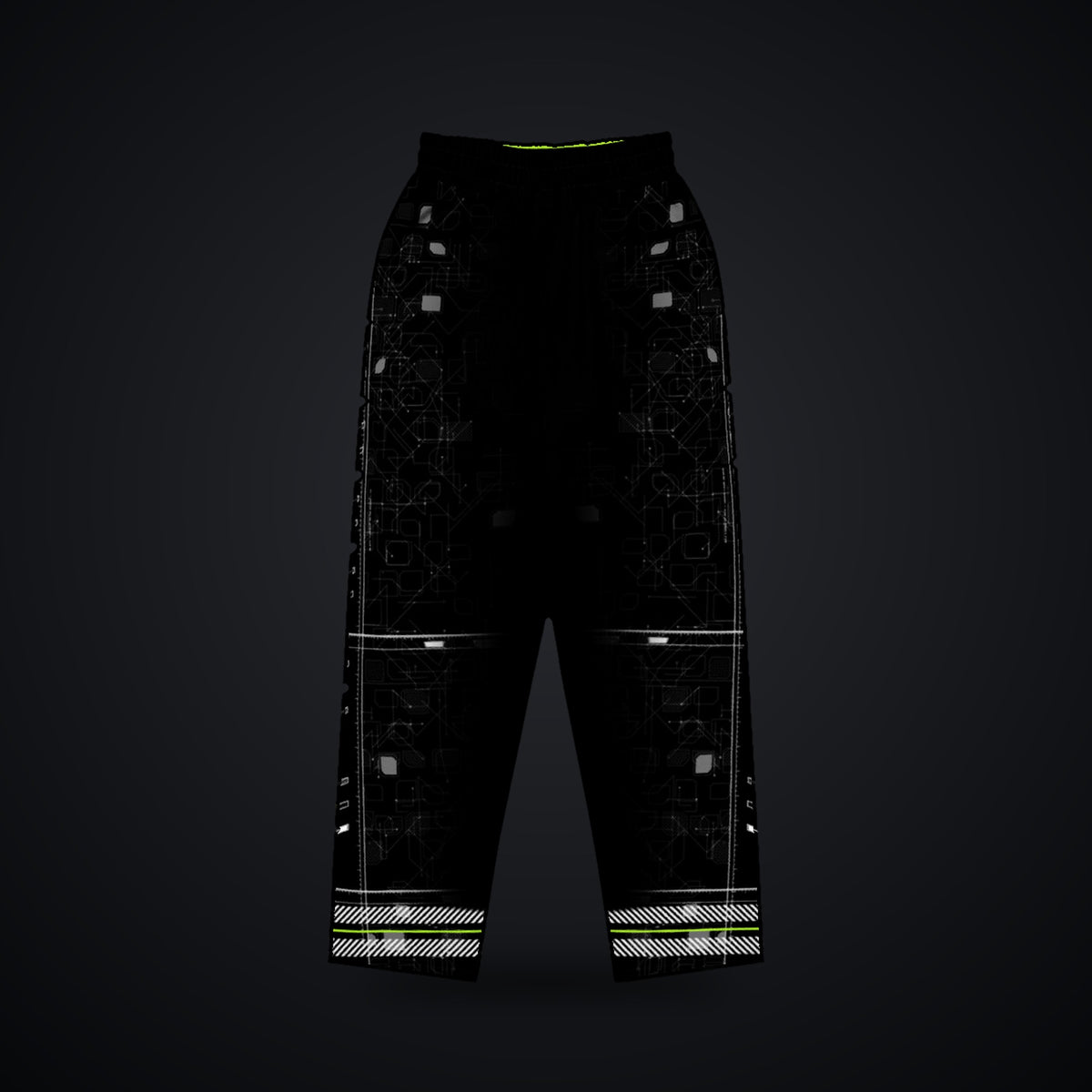 Vector Spine Wide-Leg Joggers: black wide-leg rave joggers with white chevron spine and neon green circuit design, front view