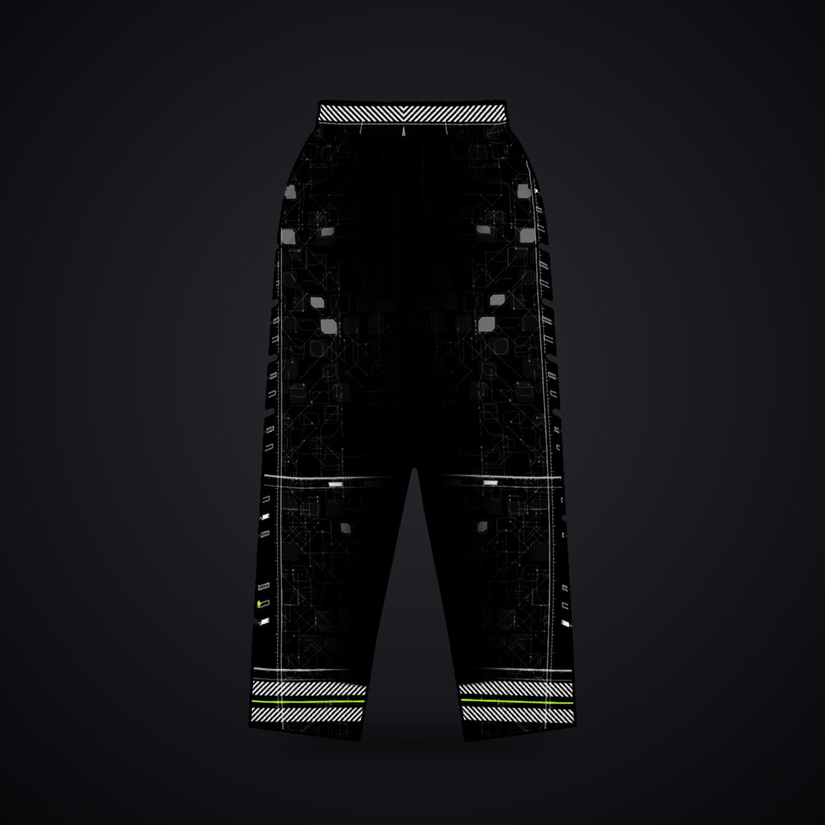 Vector Spine Wide-Leg Joggers: black wide-leg rave joggers with white chevron spine and neon green circuit design, back view