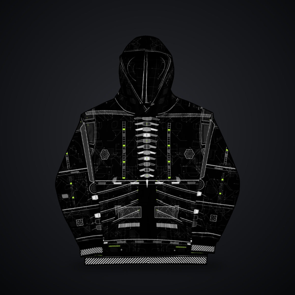 Vertebra Array Hoodie: black rave hoodie with white vertebra skeleton design with neon green nodes, front view