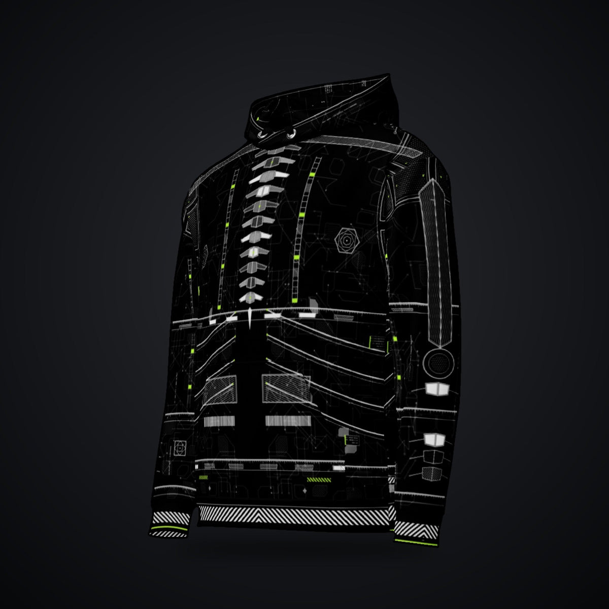 Vertebra Array Hoodie: black rave hoodie with white vertebra skeleton design with neon green nodes, left front view