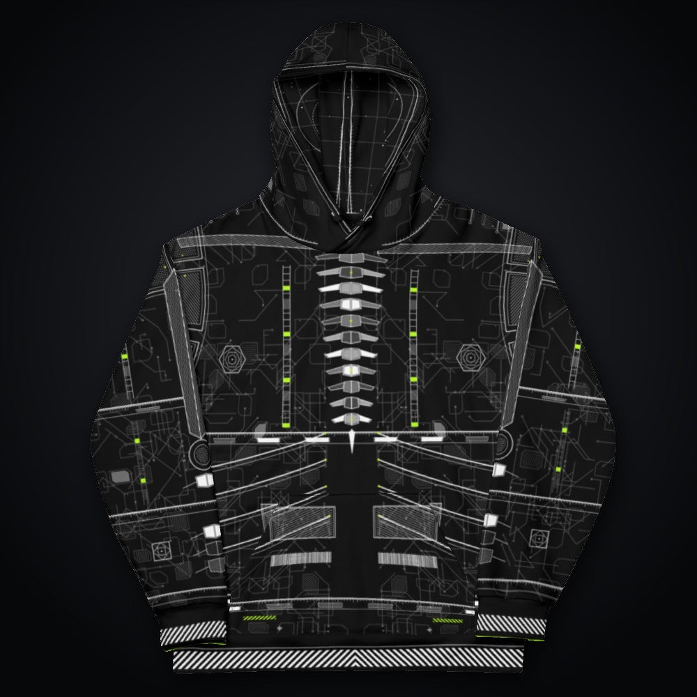 Vertebra Array Hoodie: black rave hoodie with white vertebra skeleton design with neon green nodes, front view