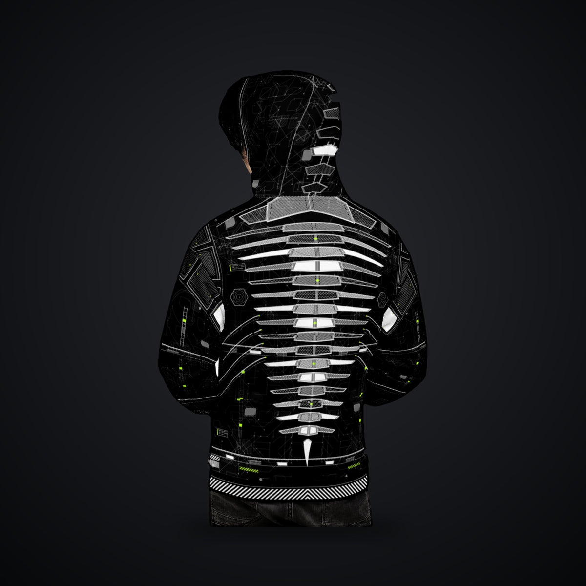 Vertebra Array Hoodie: black rave hoodie with white vertebra skeleton design with neon green nodes, back view on model