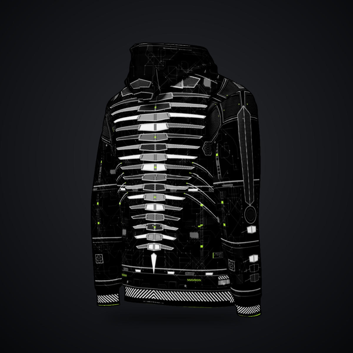 Vertebra Array Hoodie: black rave hoodie with white vertebra skeleton design with neon green nodes, right back view
