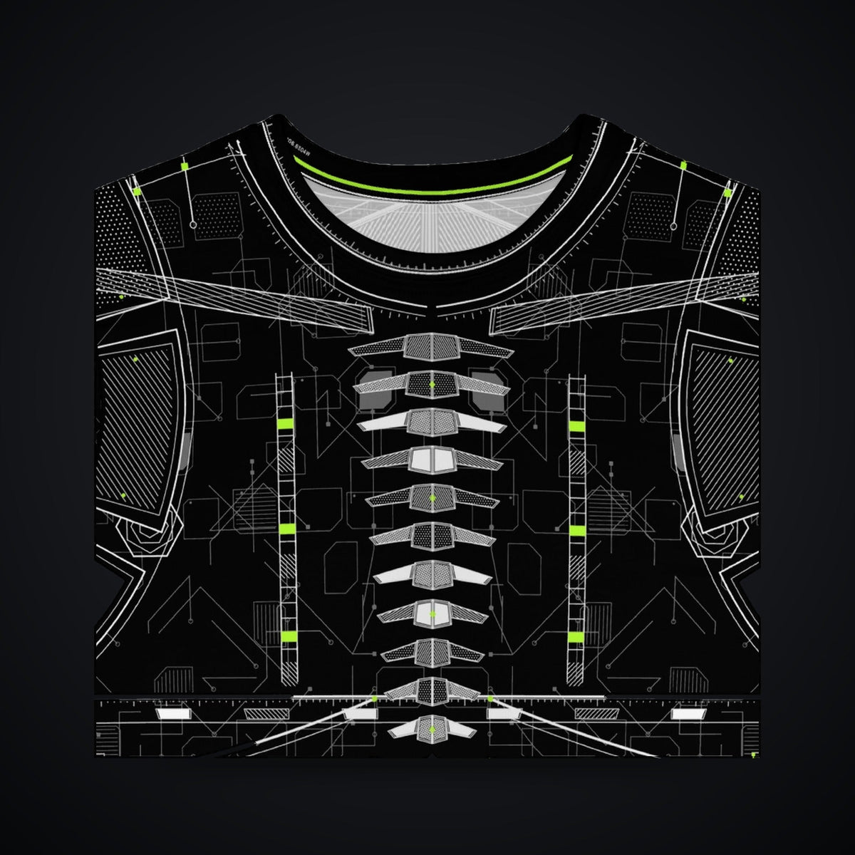 Vertebra Array Long Sleeve: black rave long sleeve shirt with white vertebra skeleton design with neon green nodes, chest and collar detail view
