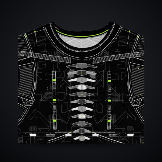 Vertebra Array Long Sleeve: black rave long sleeve shirt with white vertebra skeleton design with neon green nodes, chest and collar detail view