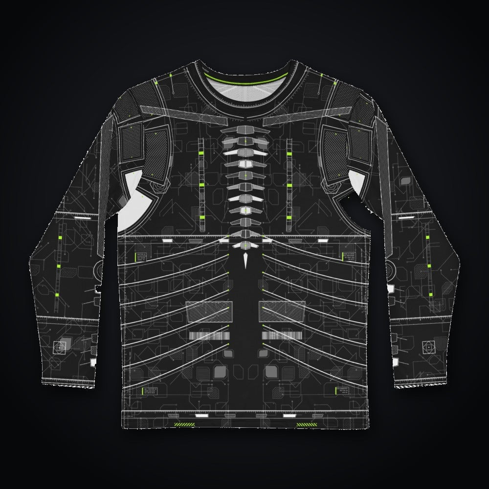 Vertebra Array Long Sleeve: black rave long sleeve shirt with white vertebra skeleton design with neon green nodes