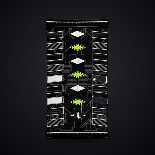 Vertebra Array Neck Gaiter: black rave neck gaiter with white vertebra skeleton design with neon green nodes, back view