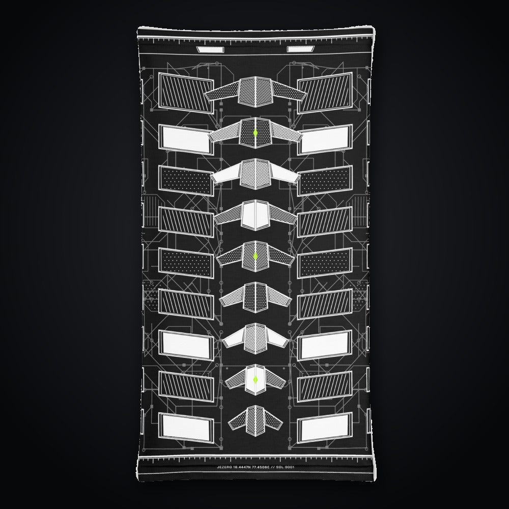 Vertebra Array Neck Gaiter: black rave neck gaiter with white vertebra skeleton design with neon green nodes