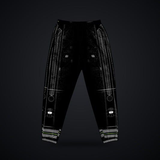 Vertebra Array Track Pants: black rave track pants with white vertebra skeleton design with neon green nodes, front view