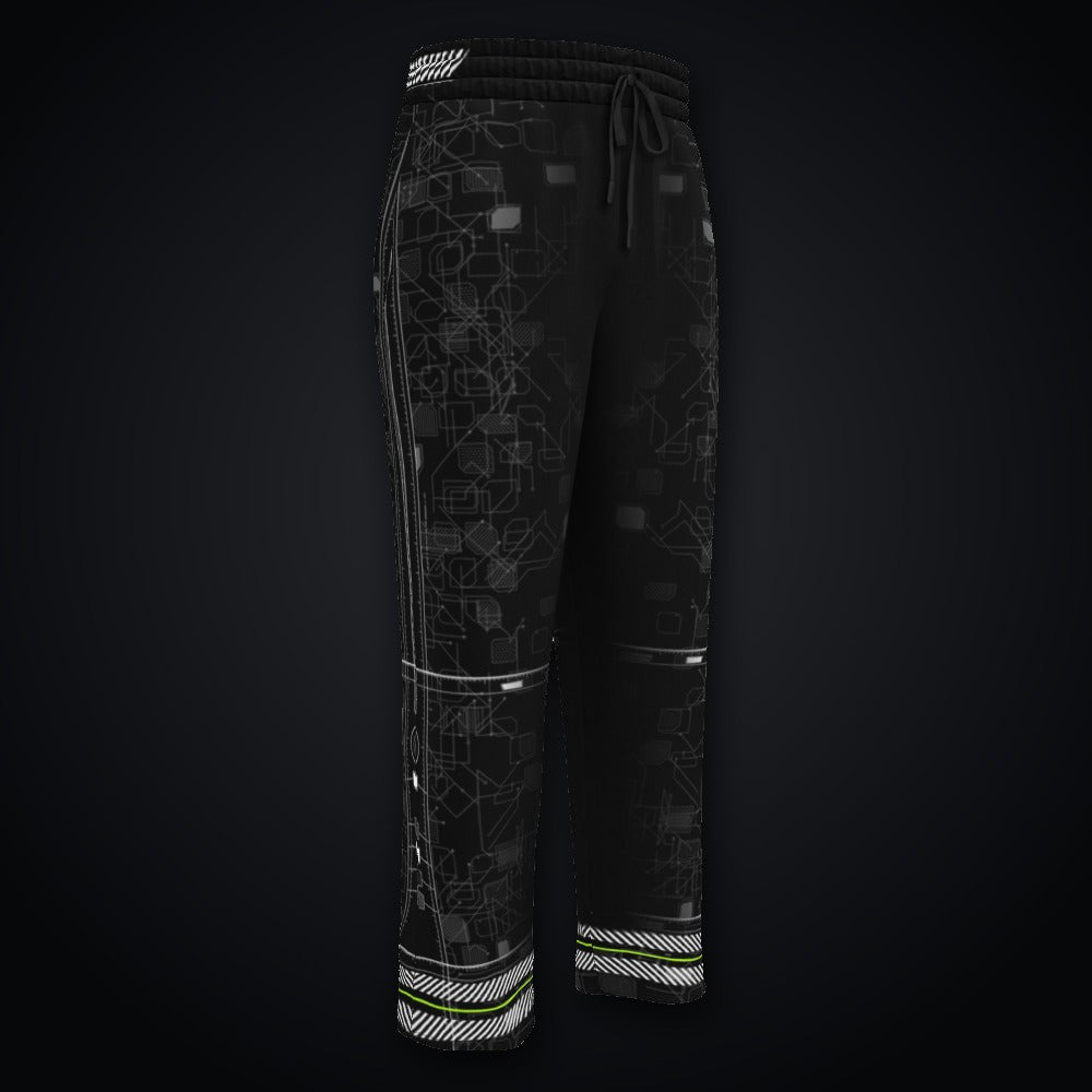 Vertebra Array Wide-Leg Joggers: black wide-leg rave joggers with white vertebra skeleton design with neon green nodes