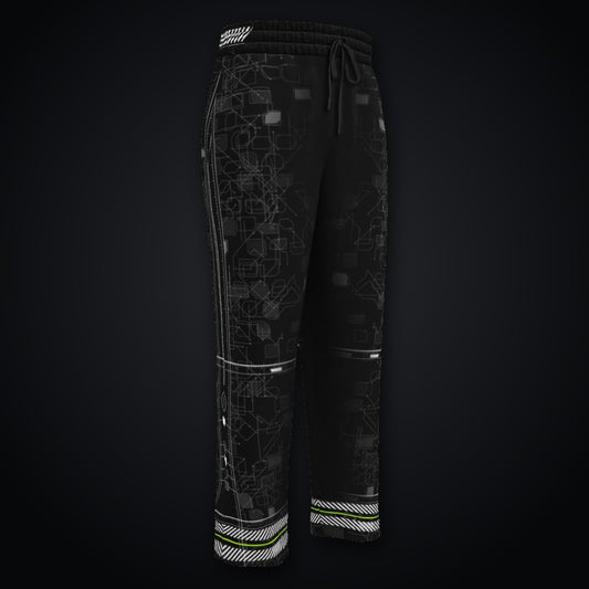 Vertebra Array Wide-Leg Joggers: black wide-leg rave joggers with white vertebra skeleton design with neon green nodes
