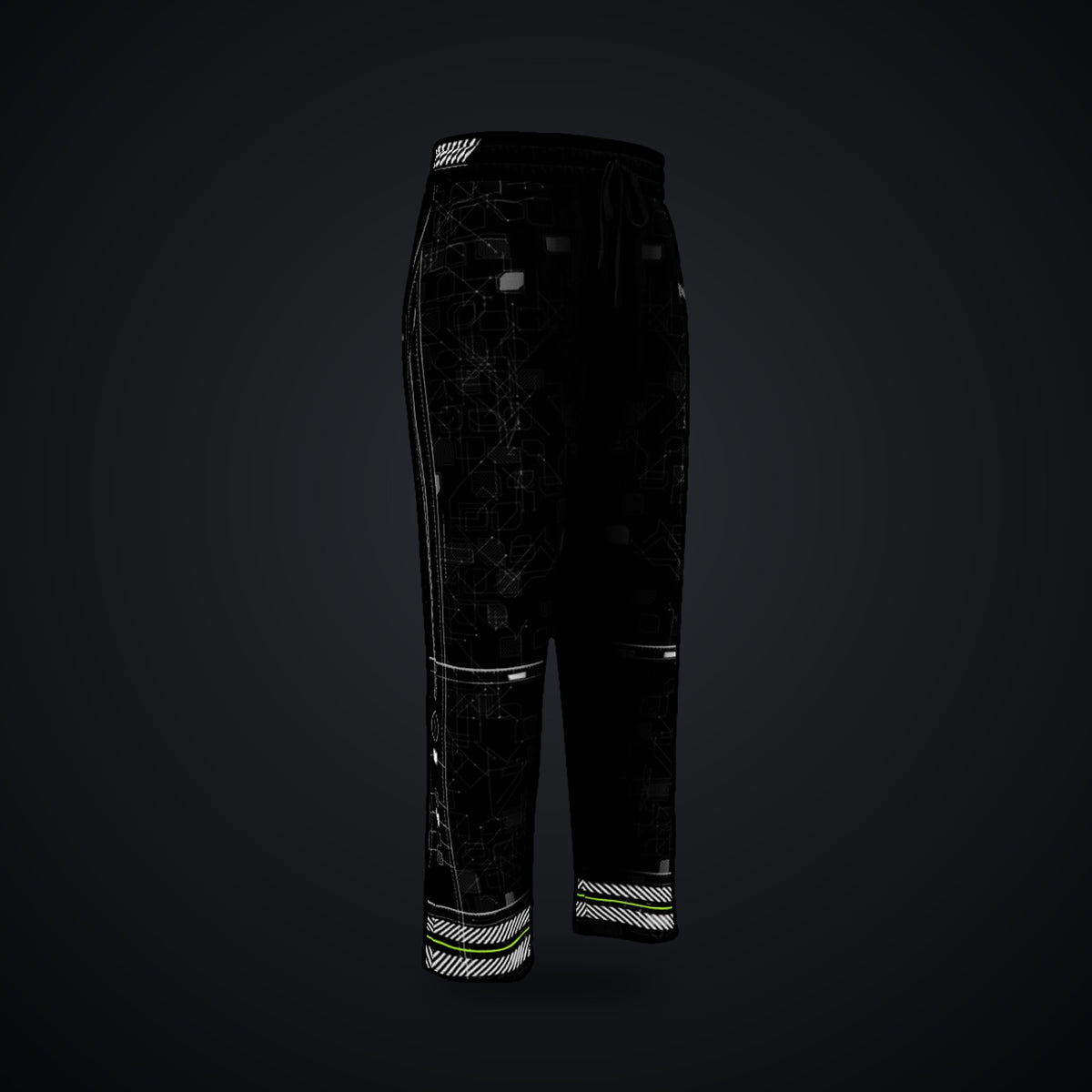 Vertebra Array Wide-Leg Joggers: black wide-leg rave joggers with grey circuit design and neon green hem stripes, left front view