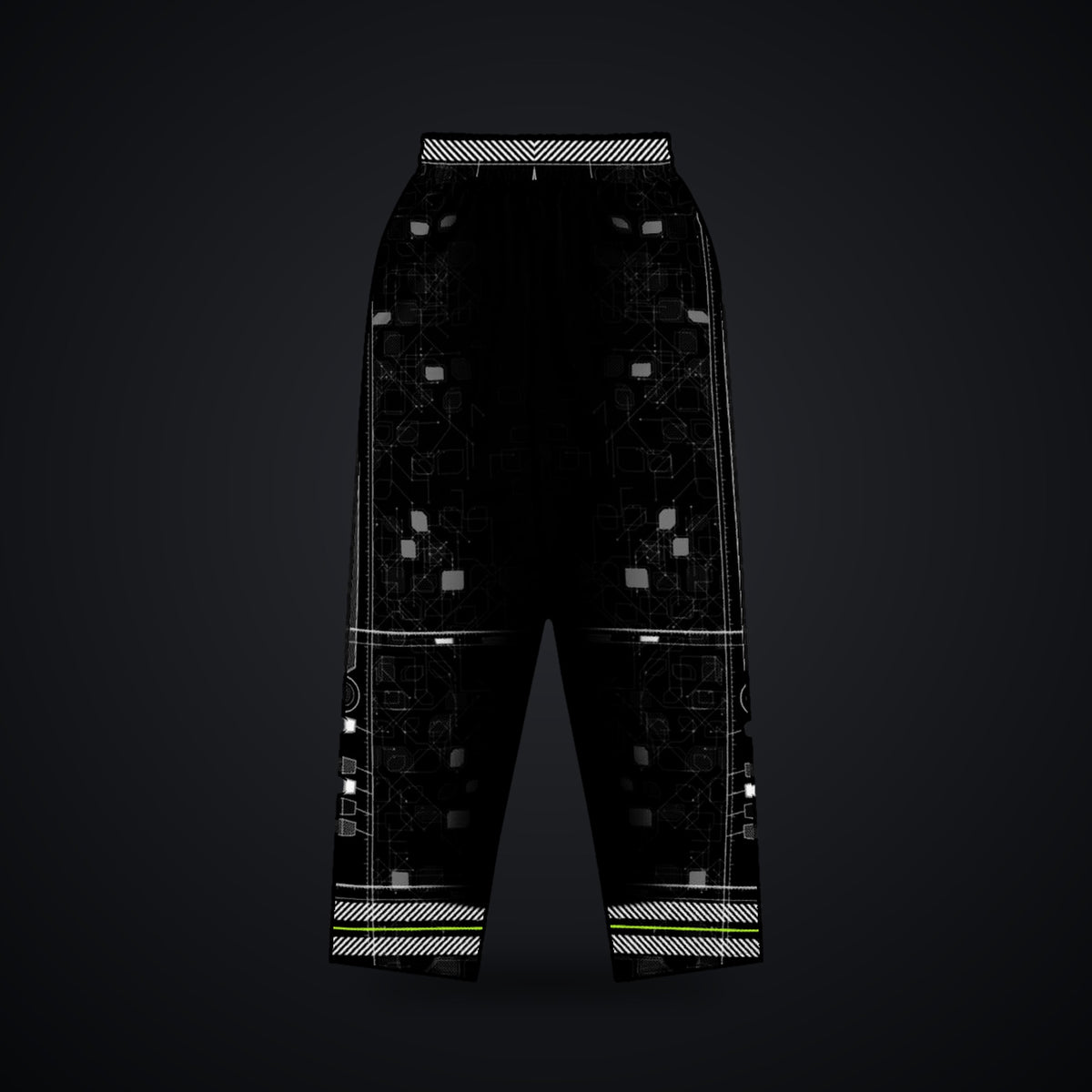 Vertebra Array Wide-Leg Joggers: black wide-leg rave joggers with white vertebra skeleton design with neon green nodes, back view